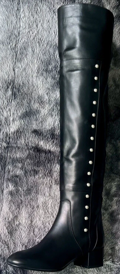 Botas de Lujo Charles David Cuero Negro Tachuelas Sobre la Rodilla Tacón Militar 6 36 Foto 2 de 4