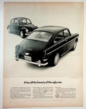 Volkswagen VW Fastback Beetle Vintage Magazine Ad 1960s Black White Print