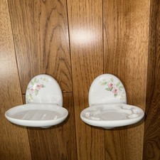 Lenape Wall Mount Soap Dish  Toothbrush Holder Porcelain White Floral Vintage
