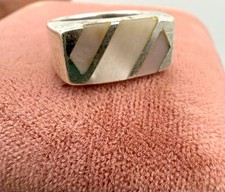 Vtg 925 Sterling Silver Mother-of-Pearl Striped Ring Size 6.5 Geometric J77