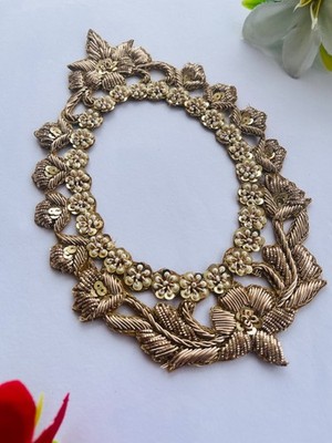 Handmade Zardozi Patch: Antique Gold Floral Applique, Indian Sari Embellishment