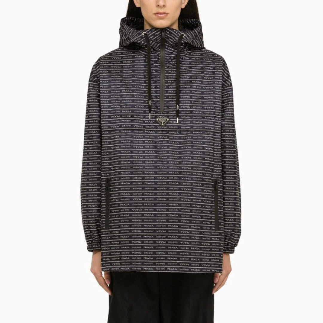Prada Nylon Blouson Giacca Logo Cappuccio Zip Navy