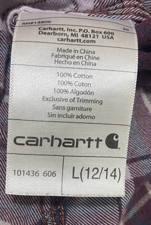 Carhartt Hooded Flannel Shirt Girls Teen Large 12-14 Purple Plaid Longsleeve - Image 4 of 4
