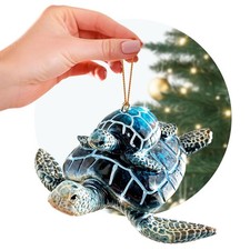 Hand-Painted Beach Christmas Ornament   Blue Sea Turtle Mother and Baby