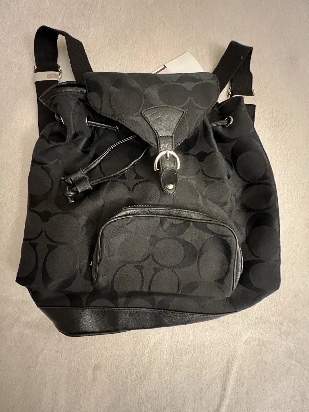 New Coach Women Signature C Drawstring Backpack Black Canvas Patent Leather City