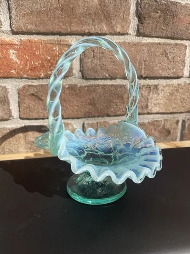 Fenton Strawberry Opalescent Glass Basket 1989 Twisted Handle 7”