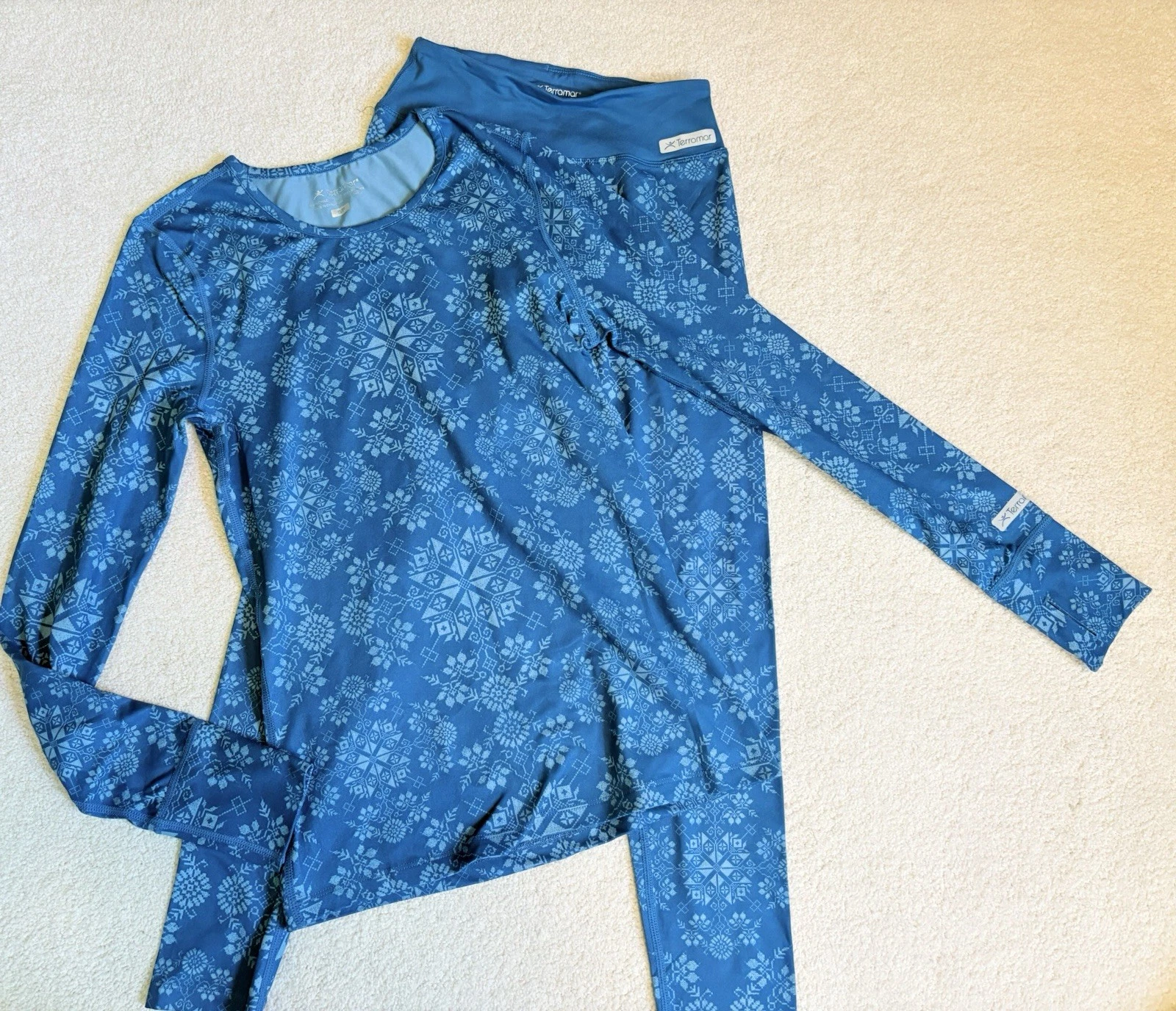 Terramar Base Layer Size XS/S Women Ski Outdoor Teal Snowflake Set Top Bottoms