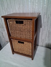 Wooden Storage Unit With 2 Wicker Basket Drawers Bedside Table Cabinet