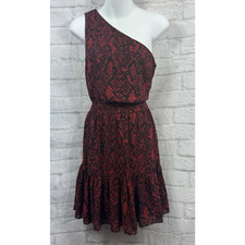 Michael Kors Shift Dress One Shoulder Fits Size 8 Red Black Animal Print Chiffon