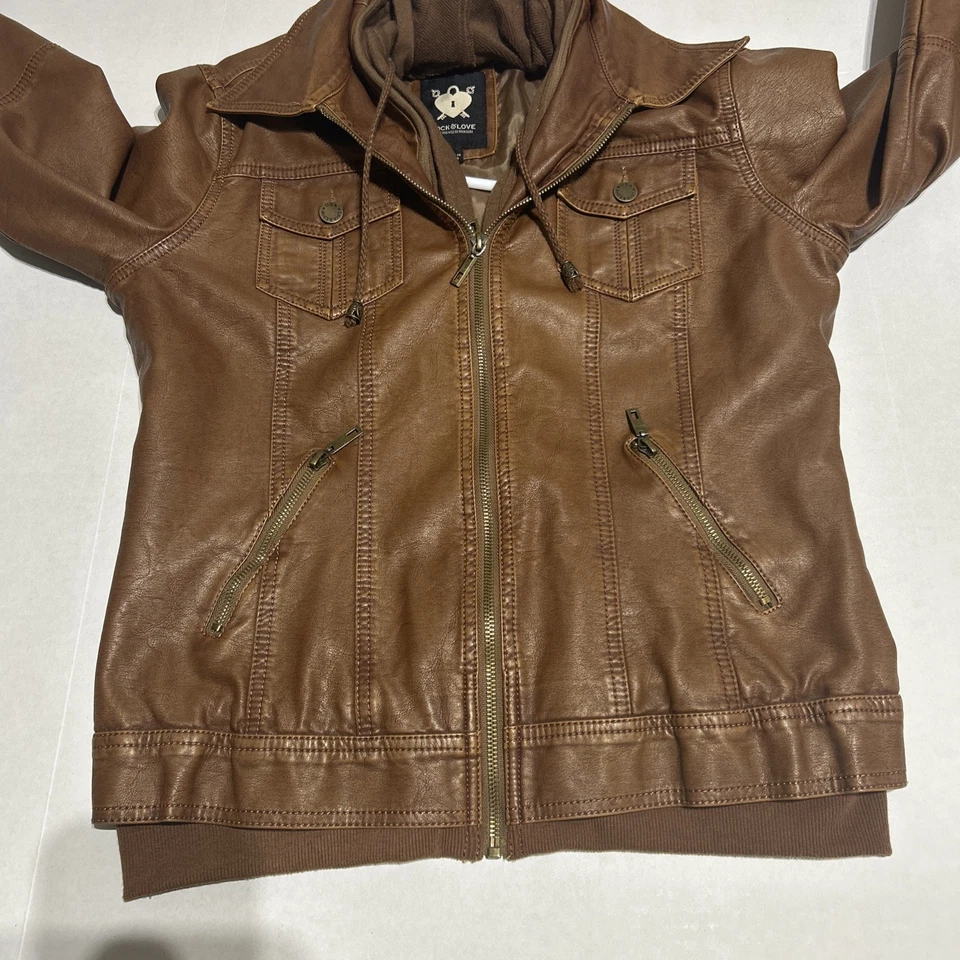 Chaqueta de Motocicleta LOCK AND LOVE Marrón Imitación Cuero Para Mujer L Con Capucha Punk Motociclista Usada Foto 4 de 4