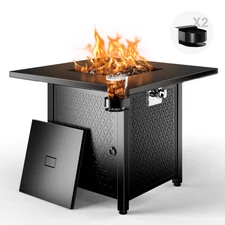 28" Propane Fire Pits With Lid Lava Rock 50000 BTU Steel Gas Fire Pit Table