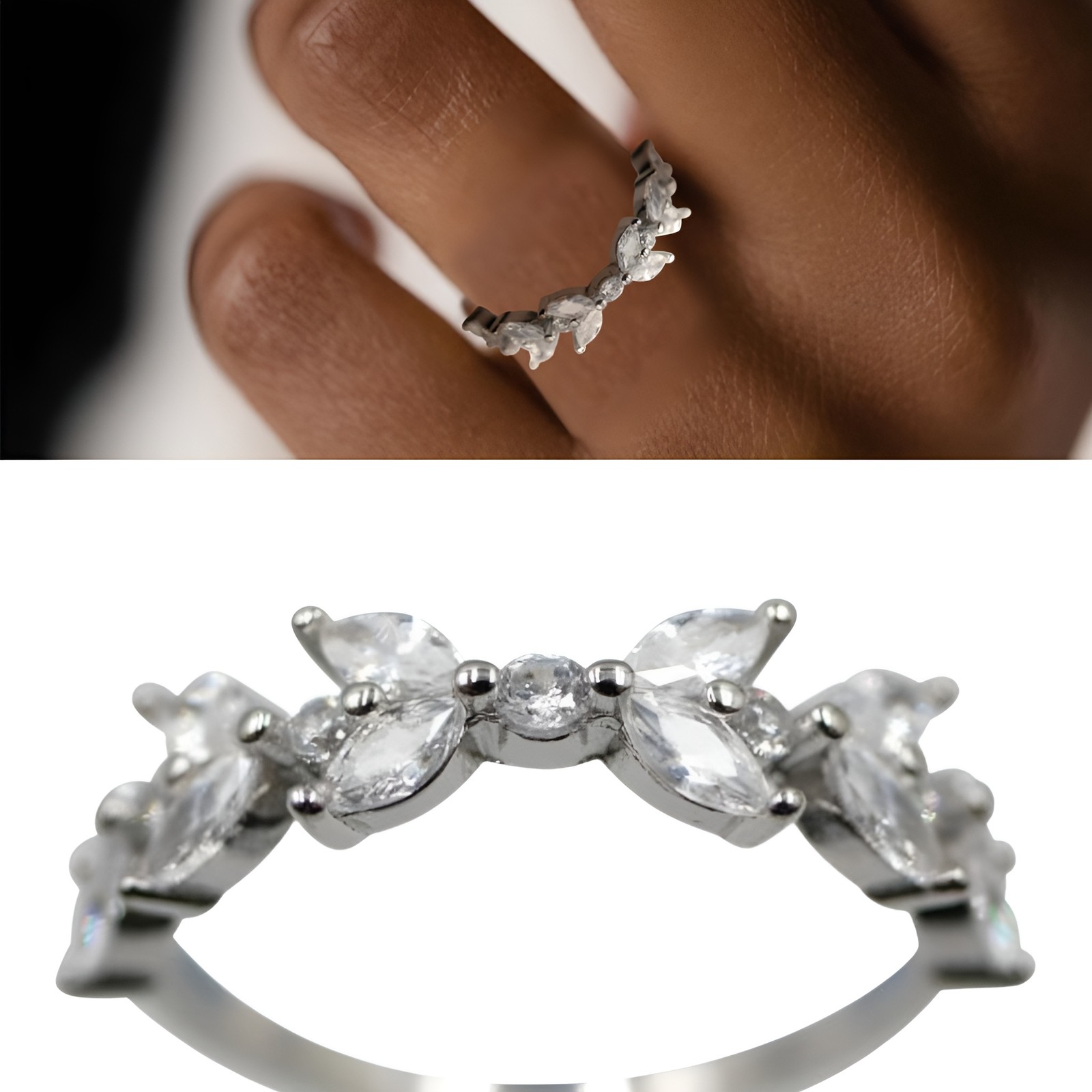 Anillo de plata de ley recubierto de rodio con piedras de circonita cúbica transparente talla L-M