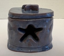 Vtg Blue Handmade Painted Starfish Design Votive Tea Light Candle Holder w/Lid