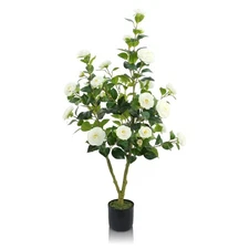 Artificial Camellia Tree, 4FT White Faux Camellia Plant Indoor, Realistic