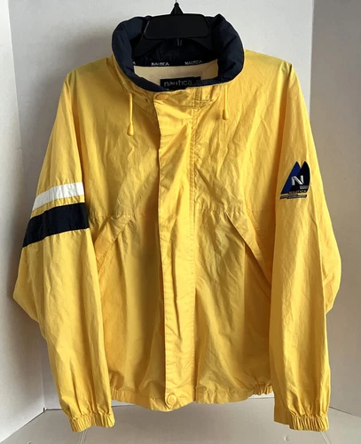 Nautica Jacket Windbreaker Mens Size Medium Hideaway Hood Yellow Blue Vintage video thumbnail