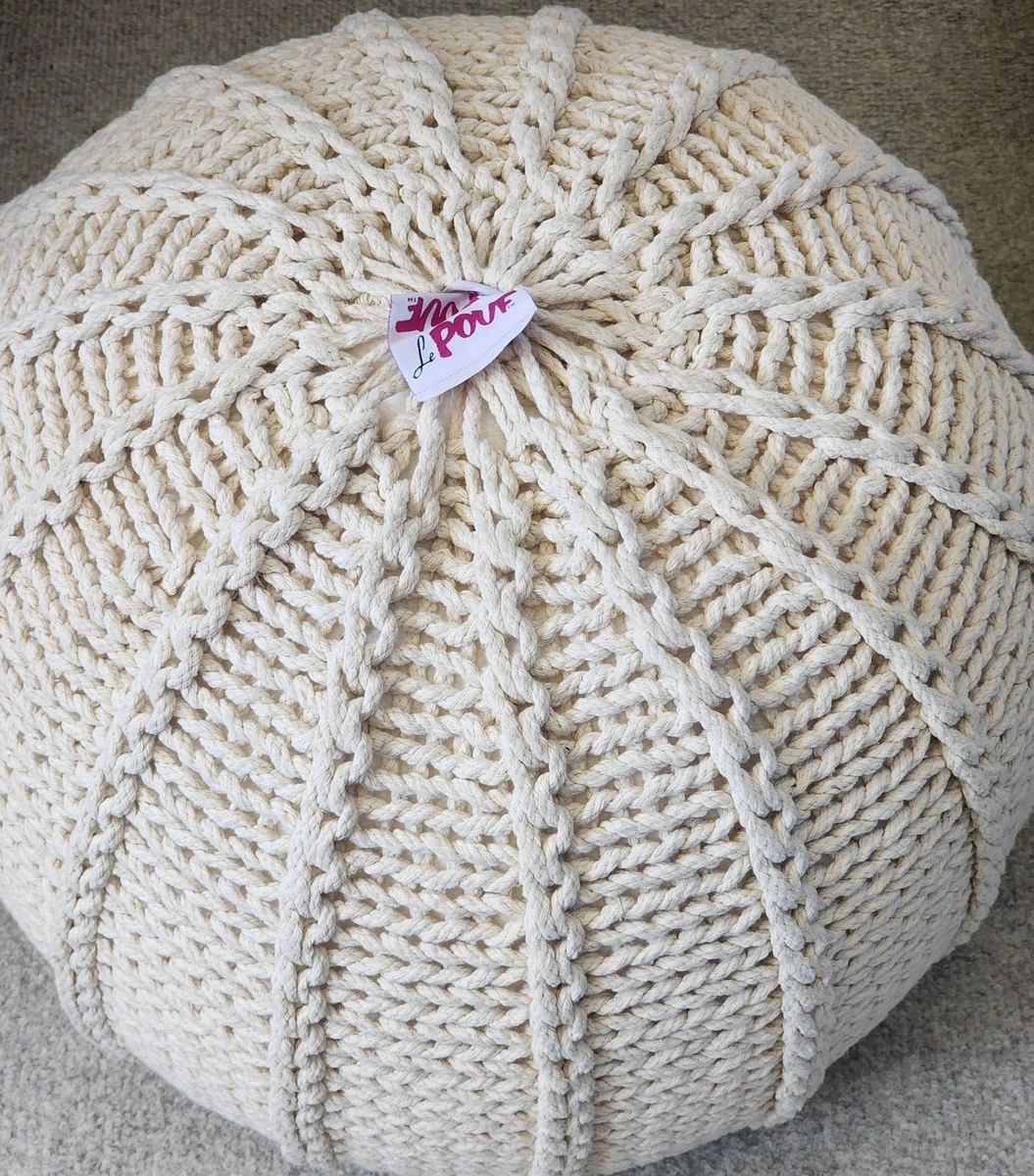 Round Le Pouf Ottoman Hand Knitted Footrest Foot Stool Natural