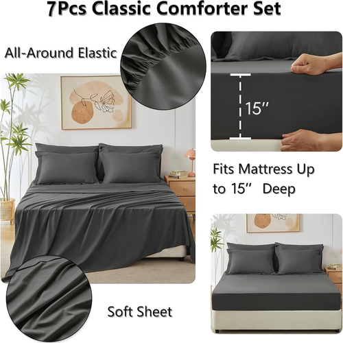 7 Piece Bed in a Bag Queen Comforter Set with Sheets, All Season Ultra-Soft Ligh - Picture 4 of 8