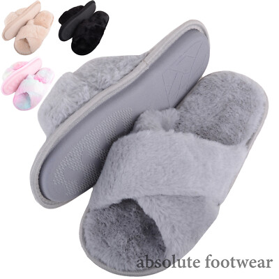 Womens Slip On Cross Over Winter Faux Fur Slider Slippers UK