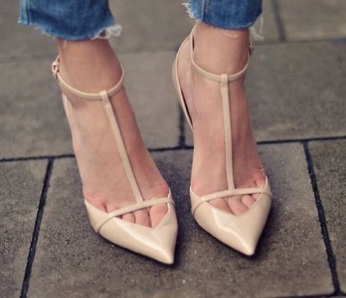 ZARA Cut out POINTED ANKLE STRAP T Bar Nude HEELS Patent Leather Rare US6  EU 36 | eBay