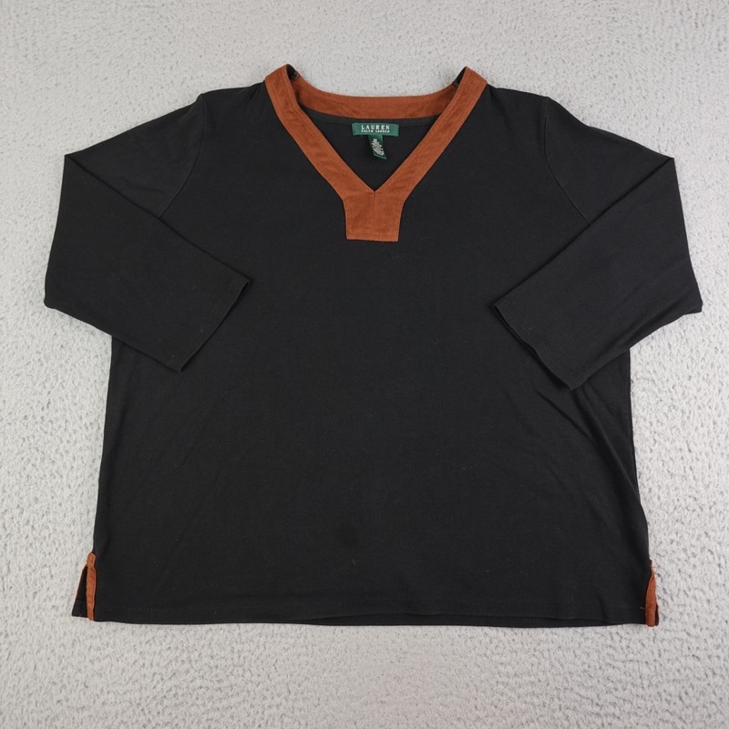 Lauren Ralph Lauren Shirt Womens 2X Plus Black Brown 3/4 Sleeve V-Neck Casual*