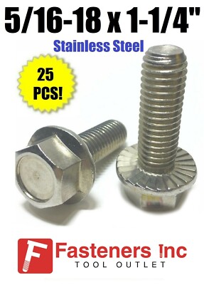 (Qty 25) 5/16''-18 x 1-1/4'' Stainless Steel Hex Cap Serrated Flange Bolt FT UNC