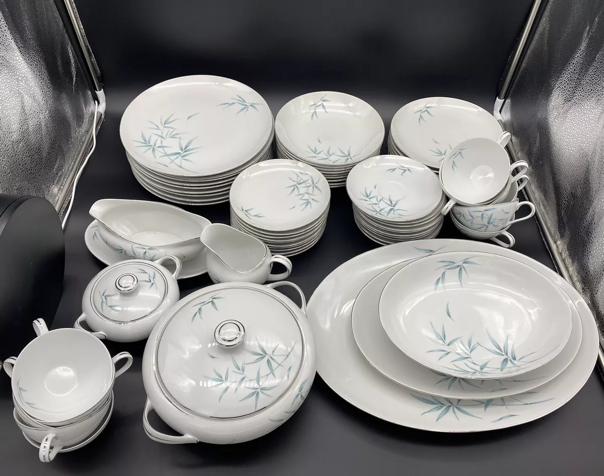 64 pc Sone China Bamboo Aqua Dinner Plate Delicate w Silver Trim