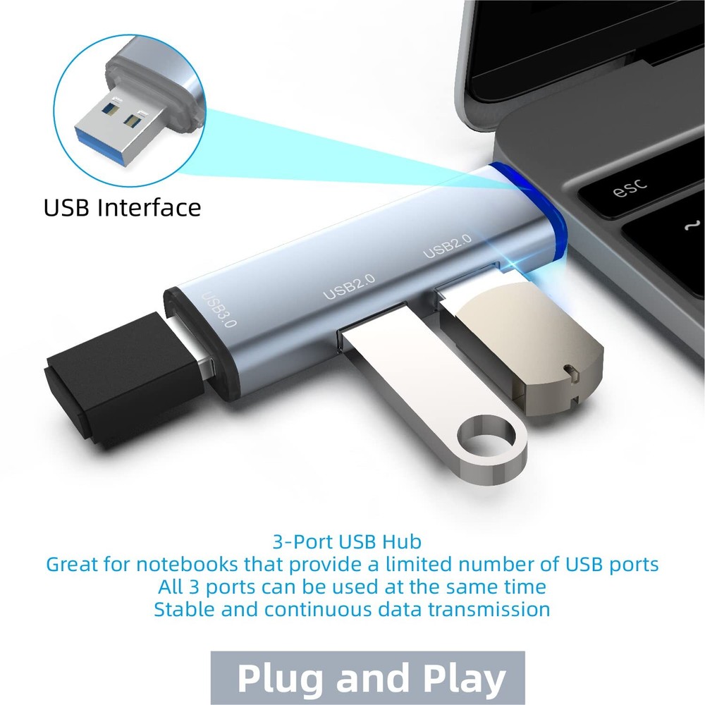 USB 3.0 Hub Splitter with 3 Ports, USB-C Adapter for Data Extension