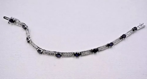 14K LabCreated 14k White Gold Plated SAPPHIRE & DIAMOND Tennis Bracelet 6.5'' - Picture 5 of 6