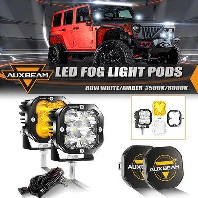 AUXBEAM Pair 3'' INCH LED Fog Pods Work Light White/Amber & Cover Pickup Truck