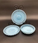 Set/3 Vtg Challinor & Taylor Blue Milk Slag Glass Scroll & Eye 8" Plate + Bowl