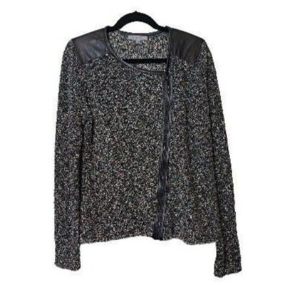 Classiques Entier Tweed Boucle Leather Trim Full Zip Shirt Jacket Women's Sz L