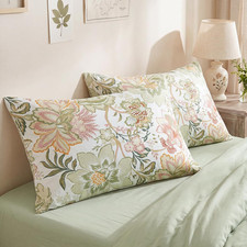 100 Cotton Pillowcases Set of 2 Queen Size Floral Pillow Cover Green