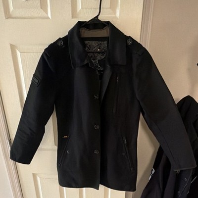 Superdry Trench Coat Black Men's XL Mid-Length Button Closure Lined Logo