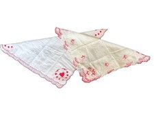VTG Valentine Handkerchiefs 2 Hearts Embroidered Lace Red White Hankies Cherry s