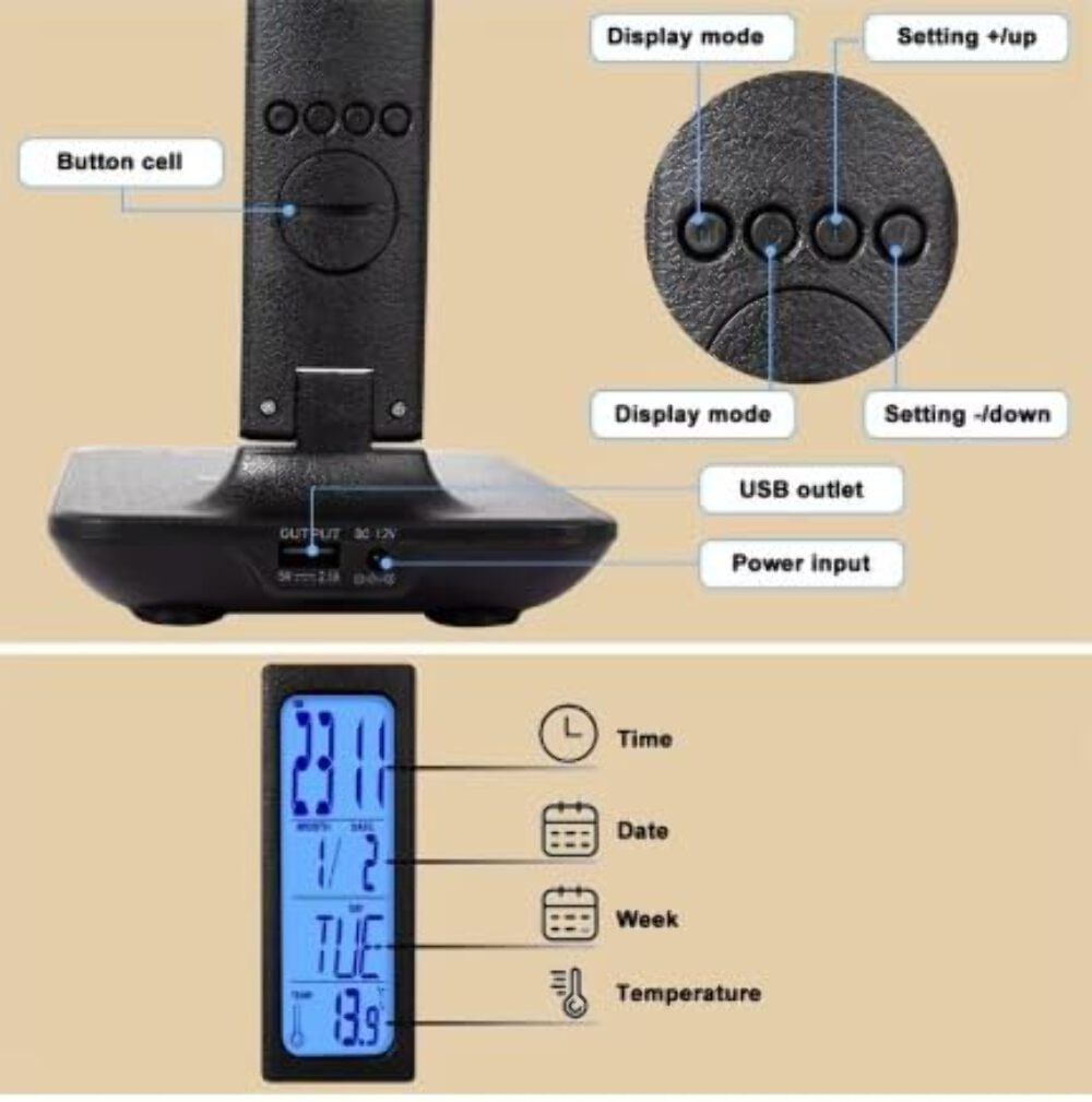 Lampe de Bureau LED Connectée Chargeur sans Fil Écran LCD Heure Température Argent