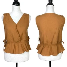 Grade & Gather NWT M Women's Magnolia Brown Crepe Side Tie Cinched Peplum Tank 