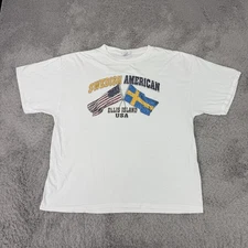 Vintage Swedish American Ellis Island Shirt Mens XL White Flag Graphic 90s
