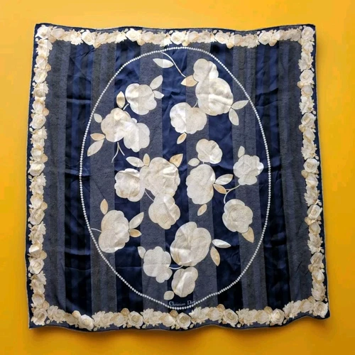 Christian Dior fleurs pions soie mousseline marine crème foulard carré châle 86 cm