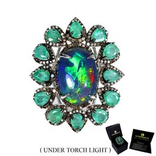 925 Sterling Silver Ring Black Opal Emerald Diamond 260p Handmade Jewelry Sz 8