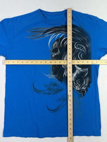 Vintage Y2K Skull Graphic T-Shirt Blau Herren Large Biker Gothic Tattoo Style Tee - Bild 2 von 3