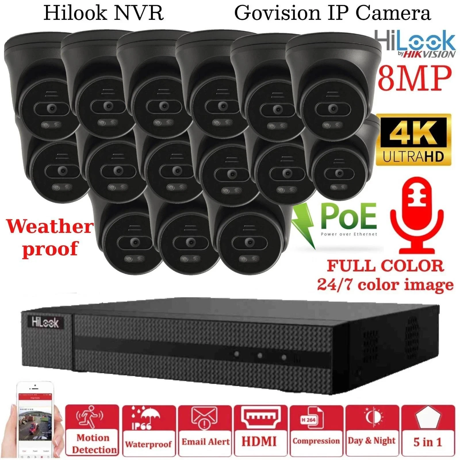 HIKVISION CCTV 8MP 4K NVR COLORVU IP POE OUTDOOR  AUDIO POE CAMERA SYSTEM KIT - Picture 1 of 50
