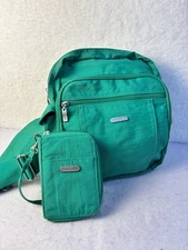 LOT Funky  Baggallini Green Crossbody Purse Adjustable Strap Pockets AND Wallet