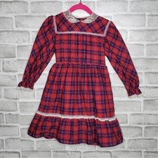 Vtg Polly Flinders Red  Blue Plaid Hand Smocked Dress, size 5