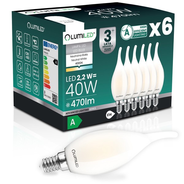 6X Led-GlüHbirne E14 Kerze BA35 2,2W 470Lm = 40W 4000K Neutralweiß 360° Filament-image