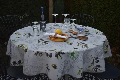 Tischdecke Provence 160 cm rund hellgrau Olivenmotiv aus Frankreich bügelfrei - Bild 1 von 4