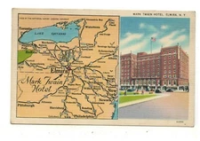 1945 PC: Map of Area Around Elmira, New York & Mark Twain Hotel