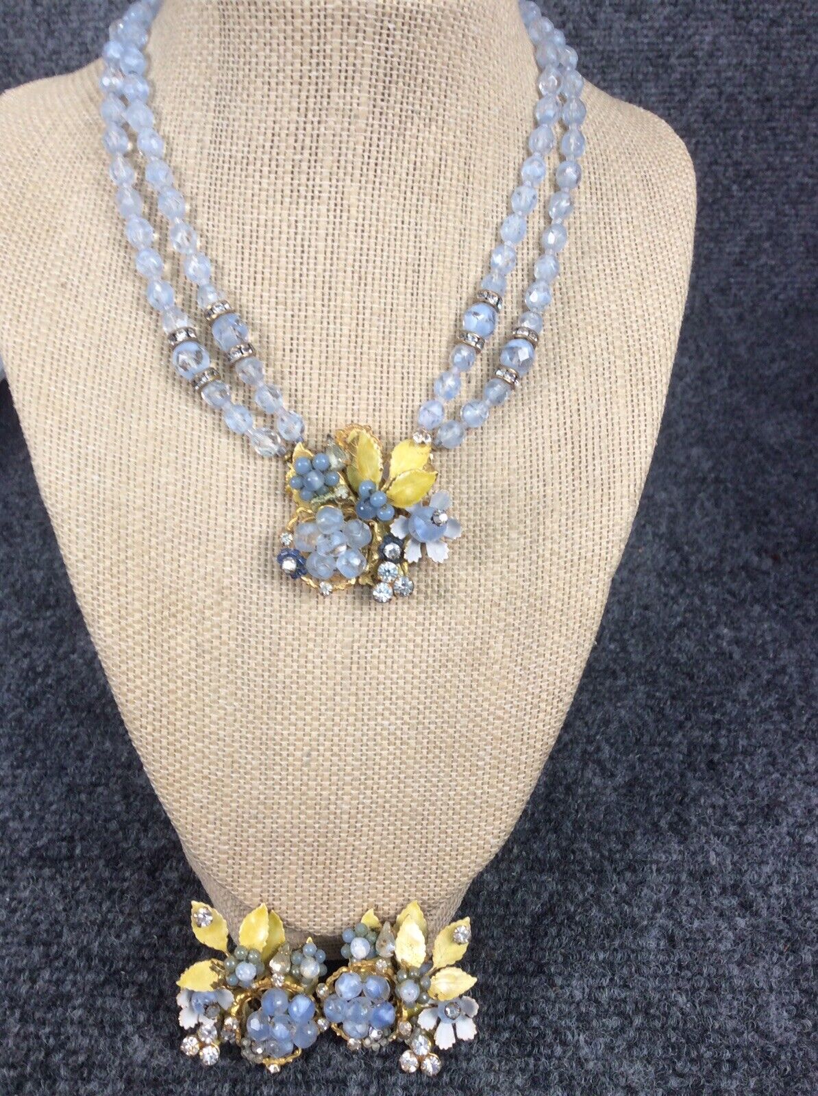 Vintage original by Robert blue glass crystals enamel necklace earrings set