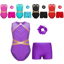 Kids Girls Dancewear Sparkle Leotard With Shorts Hair Tie Dance Competition