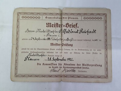 Alter antiker Meisterbrief Meister Brief Plauen Modelltischler