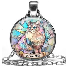 Persian Cat Mom Gift Necklace Faux Stained Glass Cat Lover Owner Mom Jewelry